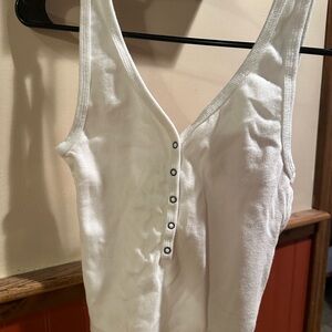 White Ribbed Tank Top with Button Detail